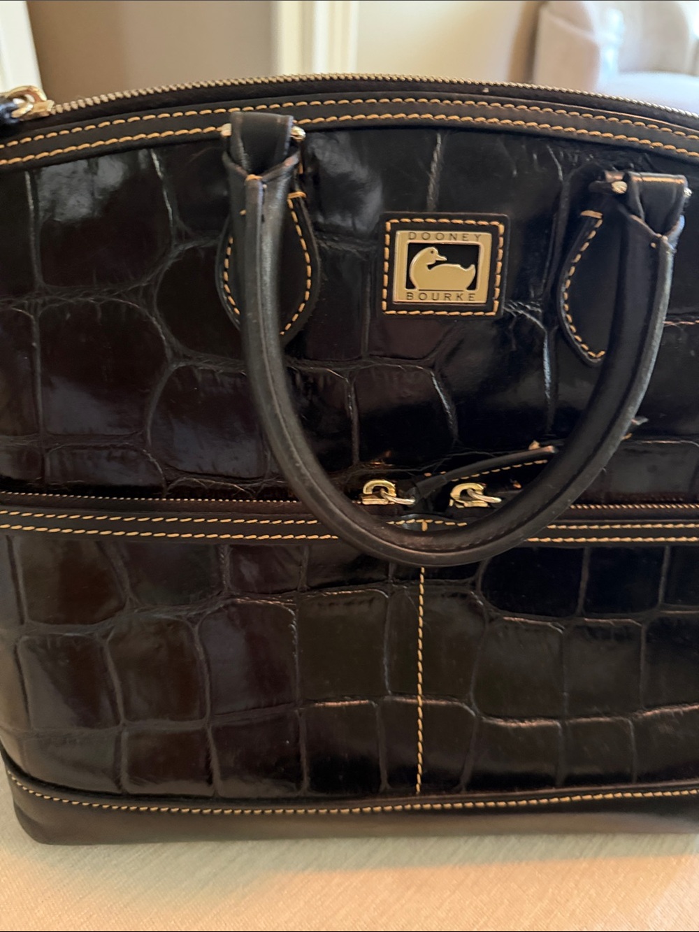 Dooney & Bourke Black Croc-Embossed Satchel with Gold Hardware - Picture 2 of 4